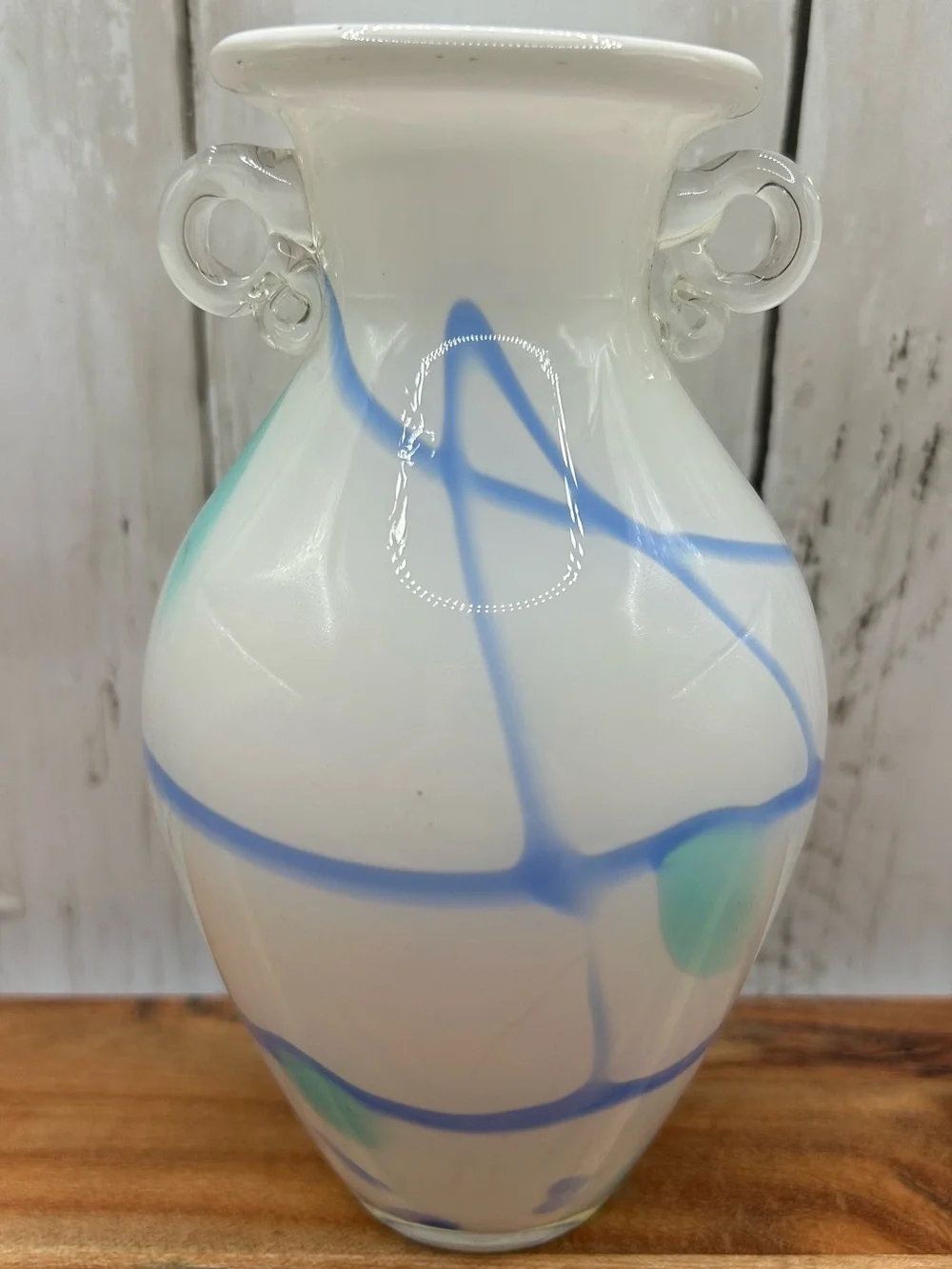 Vintage Art Glass Vase White Blue Aqua Applied Clear Handles Hand Blown